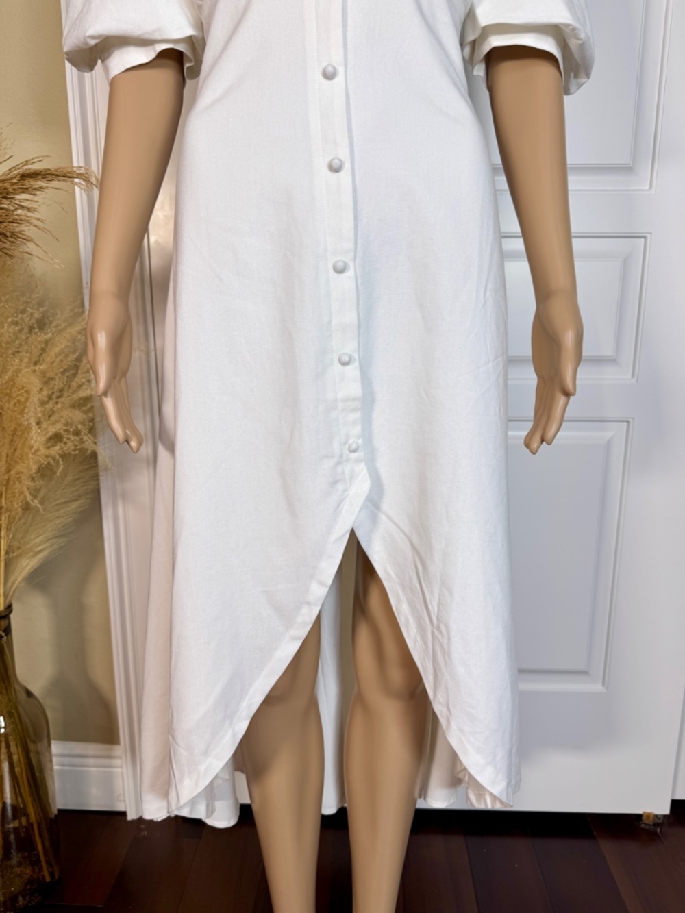 IVORY HIGH LOW PUFF SLEEVE LINEN MIDI DRESS - NWOT - Picture 9 of 15